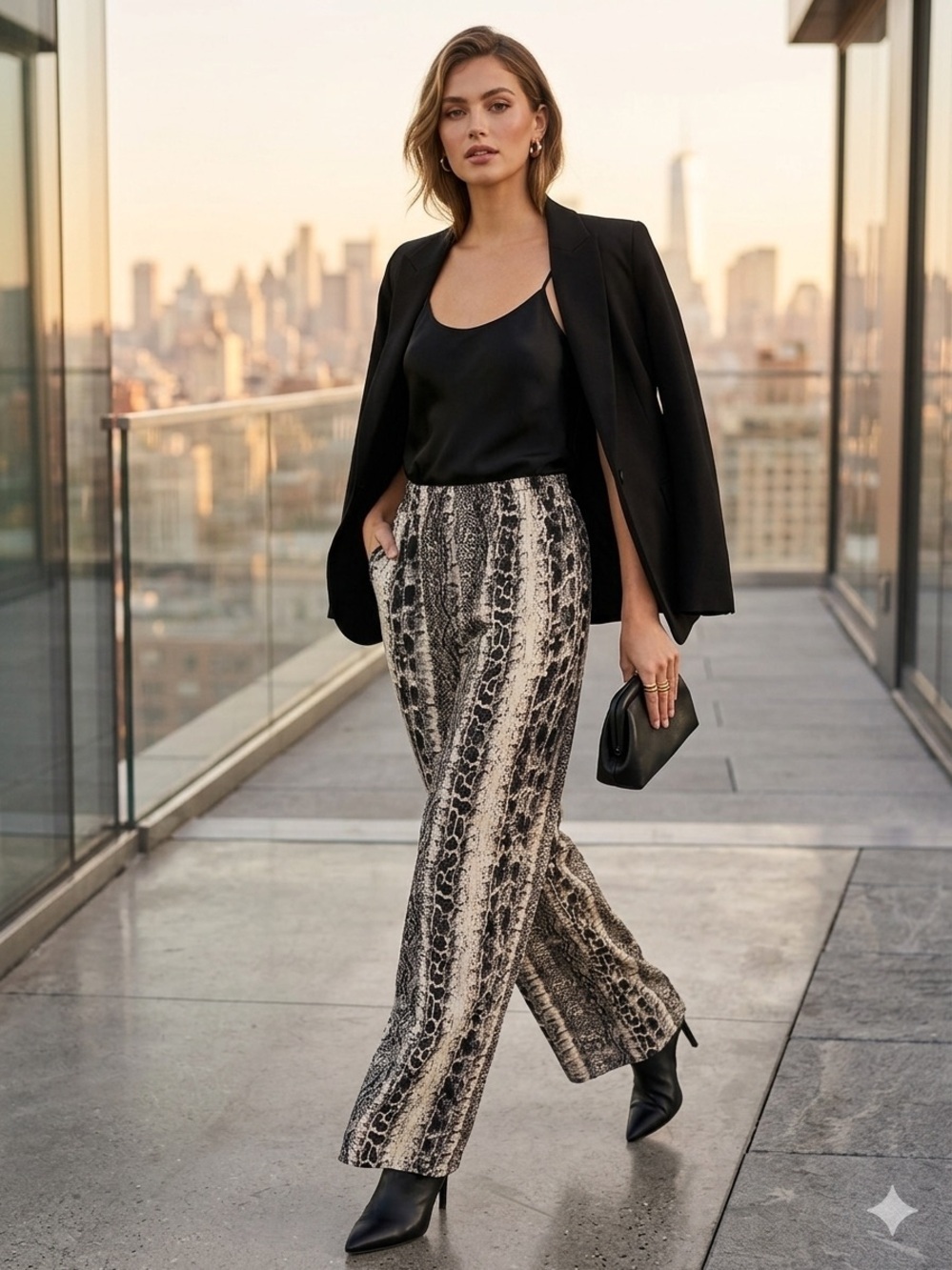 Boohoo Black & Cream Snake-Print Wide Leg Pants